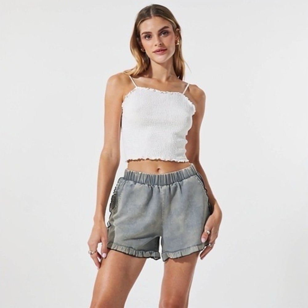 New Grace & Emma Bleached Denim Shorts Ruffle Trim Sz Small Womens Pull On 0218